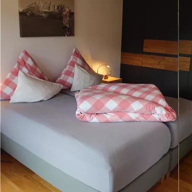 A cozy bedroom with a double bed and checked pillows. Next to the bed stands a small lamp and a piece of art hangs on the wall.