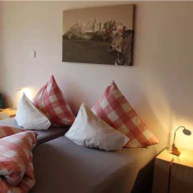 A cozy bedroom with two beds and checkered pillows. A picture of mountains hangs on the wall, and a chair is next to the bed.