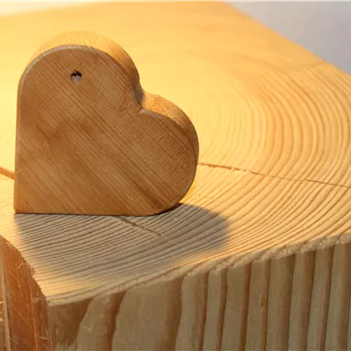 A heart-shaped piece of wood stands on a wooden surface. The light creates a warm atmosphere.