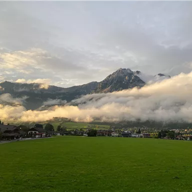 Eine malerische Landschaft mit grünen Wiesen und majestätischen Bergen. Sanfte Wolken umschlingen die Gipfel unter einem klaren Himmel.