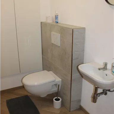 Ein modernes Badezimmer mit einer Toilette und einem kleinen Waschbecken. Der Boden ist mit Holzlook-Fliesen ausgelegt und die Wände sind hell.