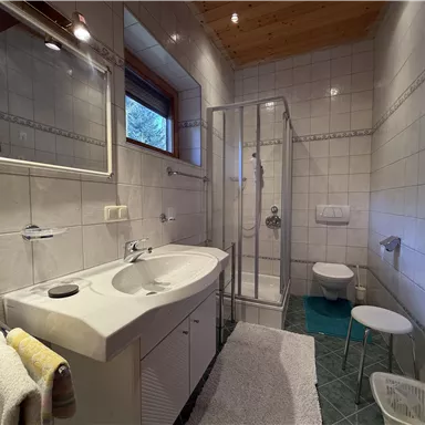 Ein modernes Badezimmer mit einer Dusche und einem Waschbecken. Es ist hell und sauber mit Fliesen und Holzdetails.