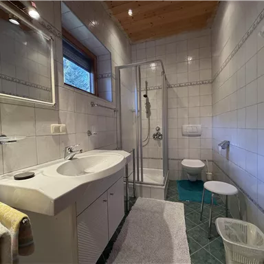 Ein modernes Badezimmer mit einer Dusche, einem Waschbecken und einer Toilette. Die Wände sind gefliest und es gibt helles Holz in der Decke.