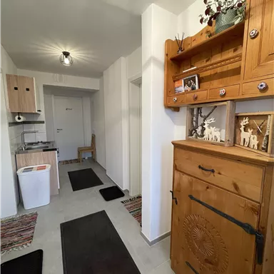 A cozy hallway with wooden cabinets and carpets. On the left side, there is a small kitchen and an entrance door.