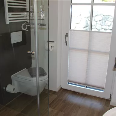 Ein modernes Badezimmer mit einer Glasdusche und einem WC. Große Fenster sorgen für viel Licht und eine freundliche Atmosphäre.