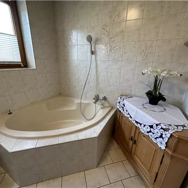 A cozy bathroom with a modern, square bathtub and a shower. Next to the bathtub is a wooden dresser with a decorative plant.