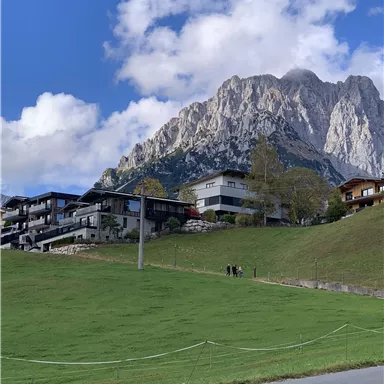 Eine malerische Landschaft mit einem großen Berg im Hintergrund und modernen Gebäuden im Vordergrund. Der Himmel ist blau mit einigen Wolken und die Wiese ist grün.
