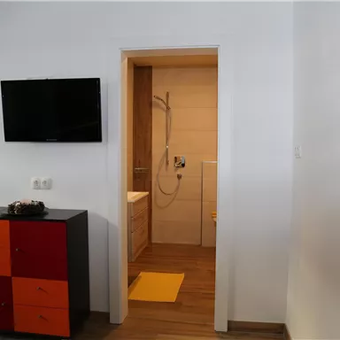 Ein moderner Raum mit einem Fernseher an der Wand und einem bunten Schrank. Im Hintergrund ist ein Badezimmer mit Dusche zu sehen.