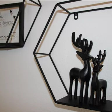 A decorative wall with black antler statues and a framed inscription. The statues are placed in a hexagonal shelf and give the room a modern touch.