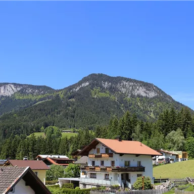 Eine malerische Berglandschaft mit grünen Hügeln und einem klaren blauen Himmel. Im Vordergrund sind typisch alpine Häuser zu sehen.