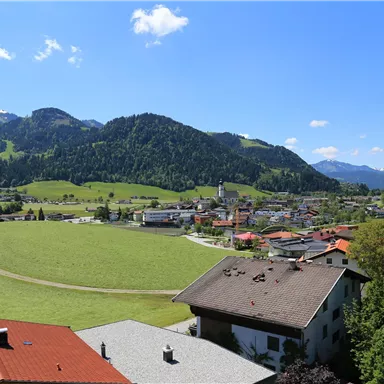 Eine malerische Landschaft mit grünen Hügeln und schneebedeckten Bergen im Hintergrund. Im Vordergrund sind charmante Häuser und ein kleiner Ort zu sehen.