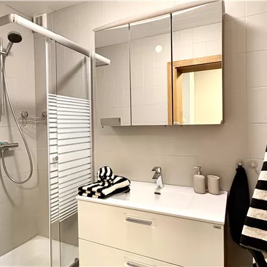 Ein modernes Badezimmer mit einer Dusche und einem Waschbecken. Die Ausstattung ist hell und minimalistisch, mit einem großen Spiegel und gestreiften Handtüchern.