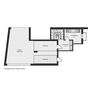 Ein Grundriss des Untergeschosses eines Chalets. Er zeigt verschiedene Räume und einen Zugang.