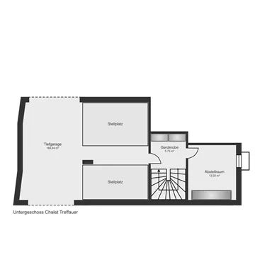 Eine Grundrisszeichnung eines Chalets mit zwei Schlafzimmern, einem Badezimmer und einem Wohnbereich. Die Räume sind klar strukturiert und übersichtlich dargestellt.