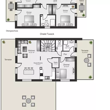 Das Bild zeigt den Grundriss eines Ferienhauses mit zwei Etagen. Oben sind Schlafzimmer, ein Badezimmer und ein Balkon eingezeichnet, unten befinden sich das Wohnzimmer, eine Terrasse und ein Essbereich.