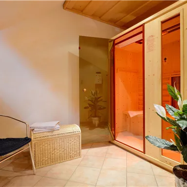 Ein entspannender Wellnessbereich mit einer Sauna und gemütlichen Sitzgelegenheiten. Pflanzen und warmes Licht schaffen eine angenehme Atmosphäre.