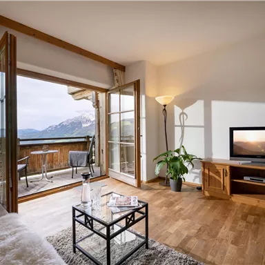 A cozy living room with wooden flooring and large windows. The view looks out onto the mountains and the terrace.