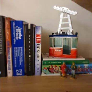 A small model train on a wooden shelf.
Surrounded by various books and two figures.