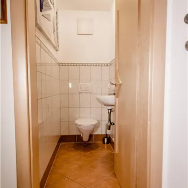 Ein kleiner, sauberer Badezimmerbereich mit einer Toilette und einem Waschbecken. Die Wände sind gefliest und der Boden ist mit braunen Fliesen ausgelegt.