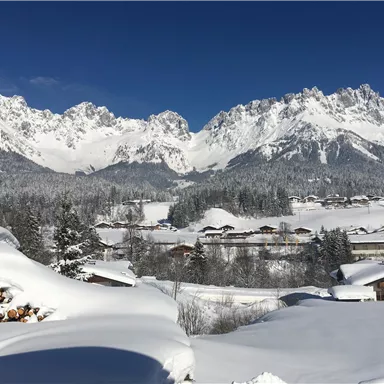 A winter landscape with snow-covered mountains and a clear blue sky. In the foreground, snow-covered rooftops and logs are visible.