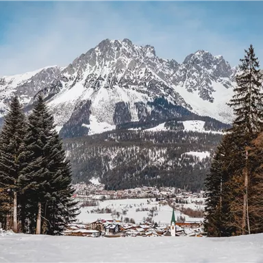 Eine verschneite Landschaft mit majestätischen Bergen im Hintergrund. Im Vordergrund stehen hohe Nadelbäume und ein kleines Dorf ist in der Täler sichtbar.