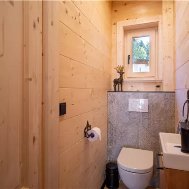 Ein kleines Badezimmer mit Holzverkleidung und Fenstern. Es enthält eine Toilette und ein modernes Waschbecken.