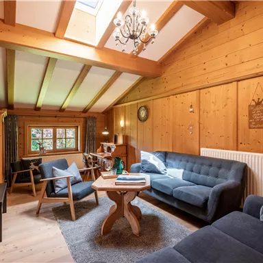 Ein gemütliches Wohnzimmer mit Holzverkleidung und hellen Möbeln. Große Fenster sorgen für viel Licht und eine einladende Atmosphäre.