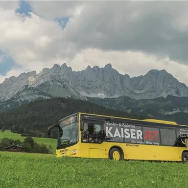 A yellow bus drives through a green meadow with majestic mountains in the background. The sky is cloudy, which gives the scene a peaceful atmosphere.