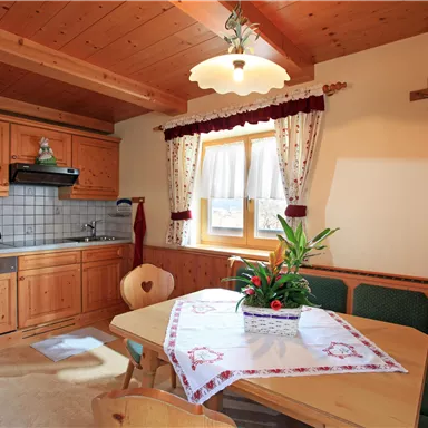 Eine gemütliche Küche mit Holzvertäfelung und einem großen Esstisch. Auf dem Tisch steht eine dekorative Pflanze und die Fenster lassen viel Licht herein.