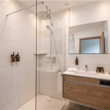 Ein modernes Badezimmer mit einer Glasdusche und einem Holzwaschtisch. Helle Fliesen und ein großer Spiegel verleihen dem Raum ein elegantes Ambiente.