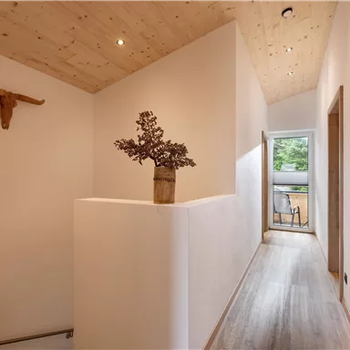 Ein heller Flur mit Holzdetails und einer Pflanze in einem Topf. An der Wand hängt ein Kuhhorn, und durch die offene Tür sieht man nach draußen.