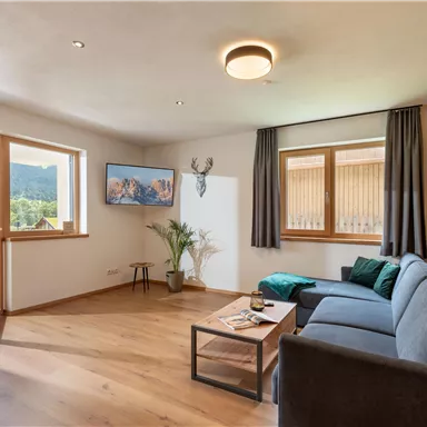 A modern living room with a gray sofa and wooden paneling. Large windows provide plenty of daylight and a view of the nature outside.