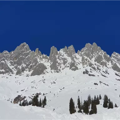 Eine beeindruckende Berglandschaft mit schneebedeckten Gipfeln und klarem blauen Himmel. Grüne Tannenbäume fügen sich in die winterliche Szene ein.