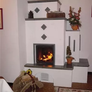 A cozy fireplace in a house with a fire in the oven. Next to it are decorative plants and a traditional chair.