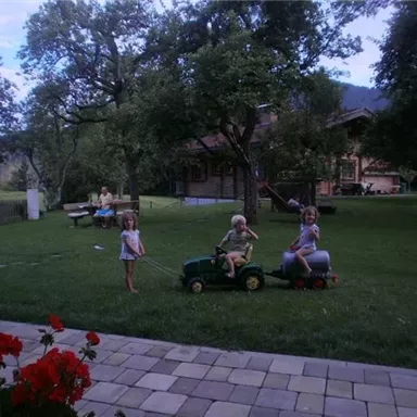 Children are playing in the garden with small tractors. In the background, trees and a house can be seen.