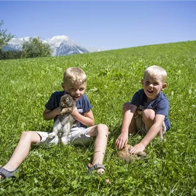 Zwei Jungen sitzen auf einer grünen Wiese und halten Kaninchen. Im Hintergrund sind Bäume und Berge sichtbar.