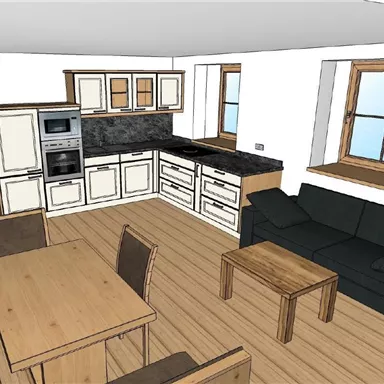 A modern kitchen with wooden furniture and a dining area. The space is bright and openly designed.