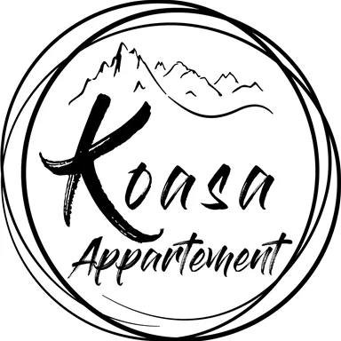 A simple, minimalist logo for "Koasa Apartment" featuring mountain motifs. It conveys a rustic and inviting atmosphere.