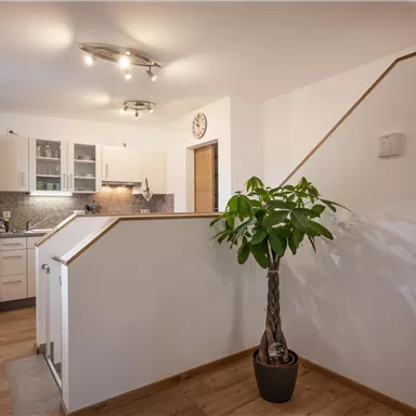 Eine moderne Küche mit einem Kühlschrank, hellen Schränken und einer Pflanze in der Ecke. Der Raum ist gut beleuchtet und hat einen angenehmen Holzfußboden.