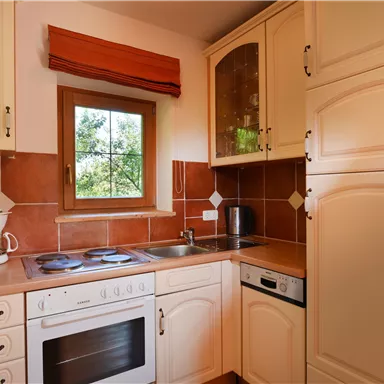 A bright kitchen with modern appliances and wooden cabinets. The window offers a green view.