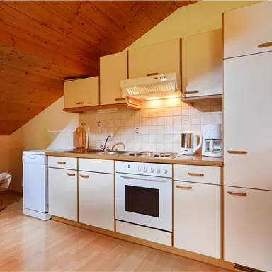 Eine gemütliche Küchenecke mit modernen Geräten und Holzverkleidung. Der Raum ist hell und freundlich gestaltet.