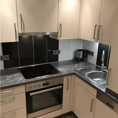 Eine moderne Küche mit hochwertigen Geräten und eleganten Schränken. Die Arbeitsfläche ist aus einem dunklen Material und es gibt eine Spüle sowie einen Herd.