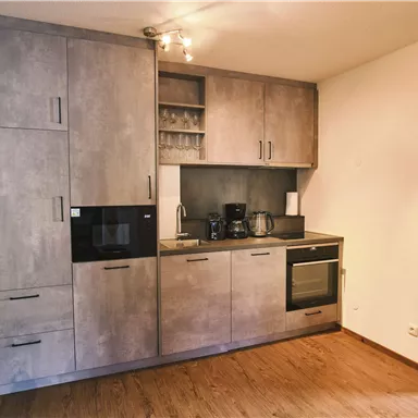 A modern kitchen with gray cabinets and high-quality appliances. The kitchen is brightly lit and has a warm wooden floor.