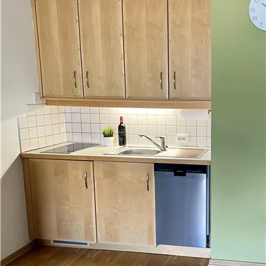 Eine moderne Küche mit Holzschränken und einem kleinen Waschbecken. Neben dem Waschbecken steht ein Kühlschrank und eine Flasche Wein auf der Arbeitsfläche.