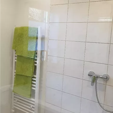 A modern bathroom with a glass shower partition. A towel rack with green towels hangs on the wall.