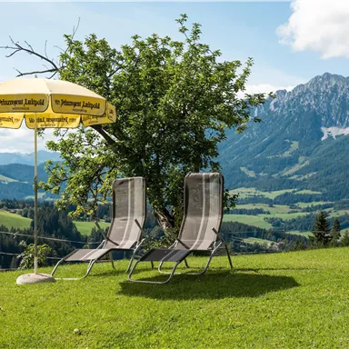 Ein ruhiger Garten mit zwei Liegestühlen und einem Sonnenschirm. Im Hintergrund erstreckt sich eine malerische Berglandschaft.