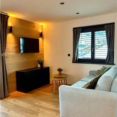 A modern living room with a cozy sofa and a television on the wall. Large windows provide plenty of daylight and a friendly atmosphere.