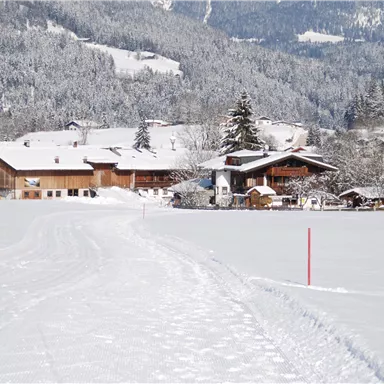 Eine verschneite Landschaft mit einem Bauernhaus im Hintergrund. Die Umgebung ist ruhig und idyllisch, umgeben von schneebedeckten Bäumen.