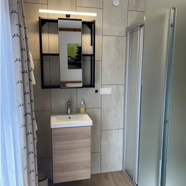 A modern bathroom with a bright sink and a large mirror. The walls are tiled and a glass shower enclosure is present.
