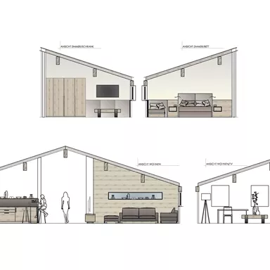 Eine architektonische Skizze von Innenräumen mit schrägen Dächern. Die Räume sind modern und funktional gestaltet, mit einem offenen Küchenbereich und einem gemütlichen Wohnbereich.